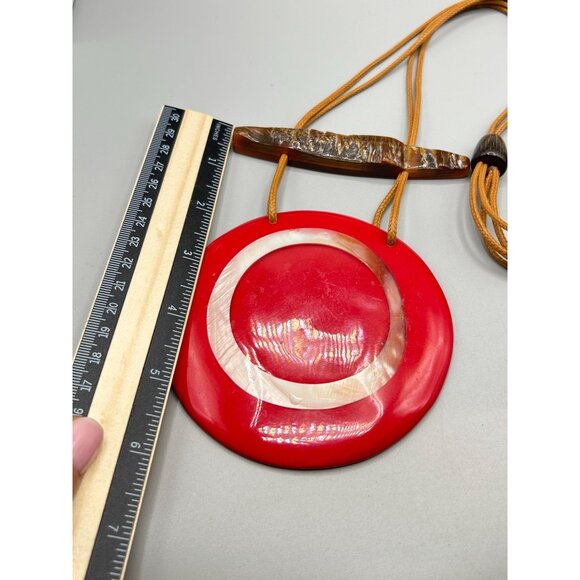 Oversized Red Statement Necklace Big Round Pendant with Mother of Pearl & Horn - Picture 8 of 11